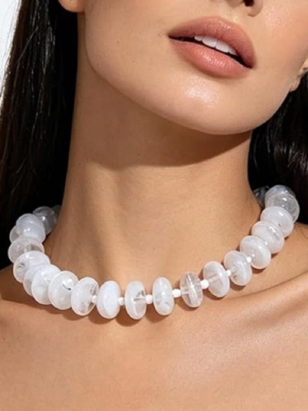 Summer Clear White Marbled Beaded Statement Necklace